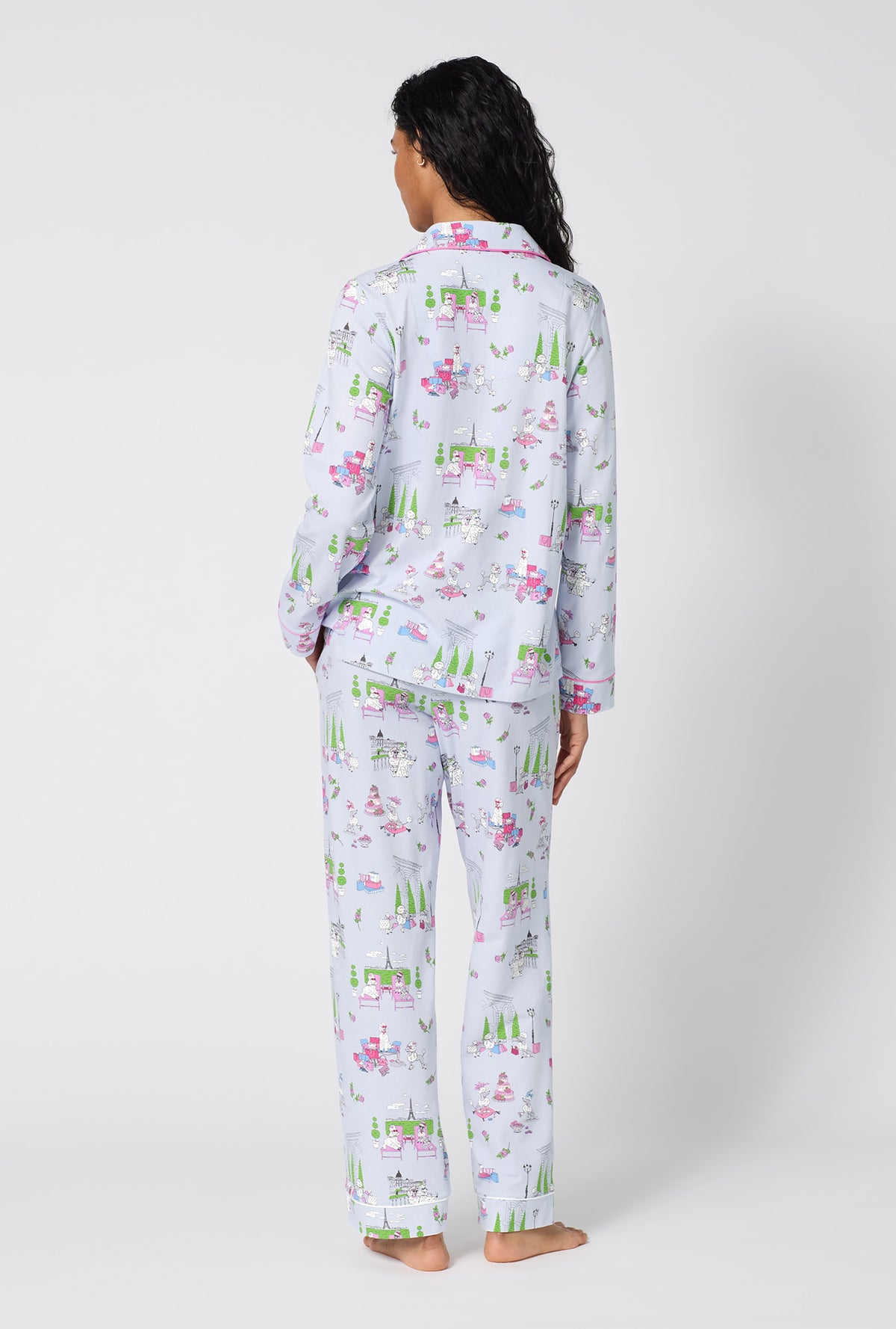 A Lady Wearing Belle Vie Long Sleeve Classic Stretch Jersey Pj Set facing back in a full standing pose