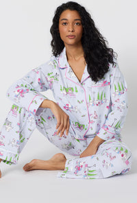 A Lady Wearing Belle Vie Long Sleeve Classic Stretch Jersey Pj Set facing front in a sitting pose