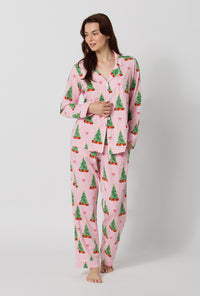 A lady wearing Pretty In Pine Long Sleeve Classic Stretch Jersey Pj Set