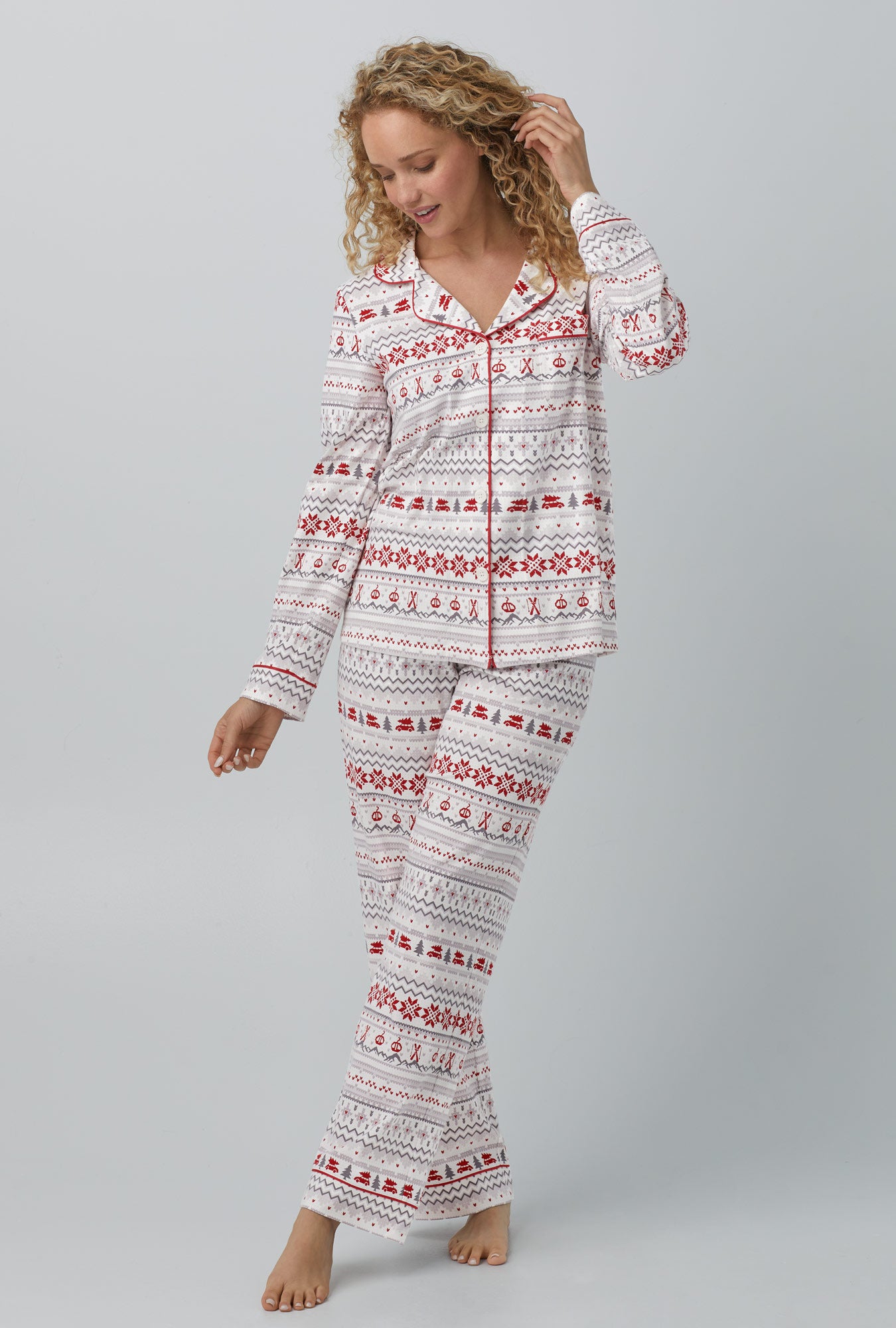 A lady  wearing white Long Sleeve Classic Stretch Jersey PJ Set with Alpine Fair  print