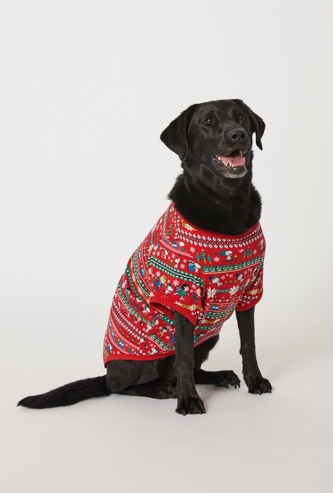 A dog wearing Peanuts® Winter Fairisle Stretch Jersey Dog Pajama