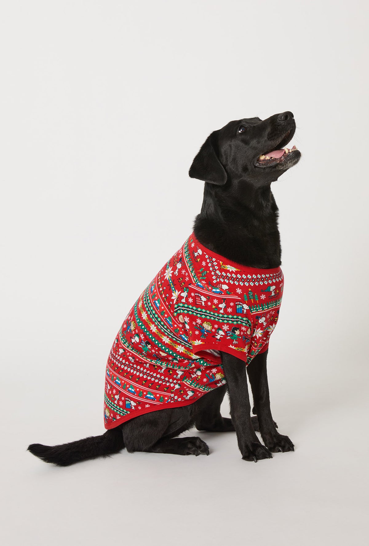 A dog wearing Peanuts® Winter Fairisle Stretch Jersey Dog Pajama