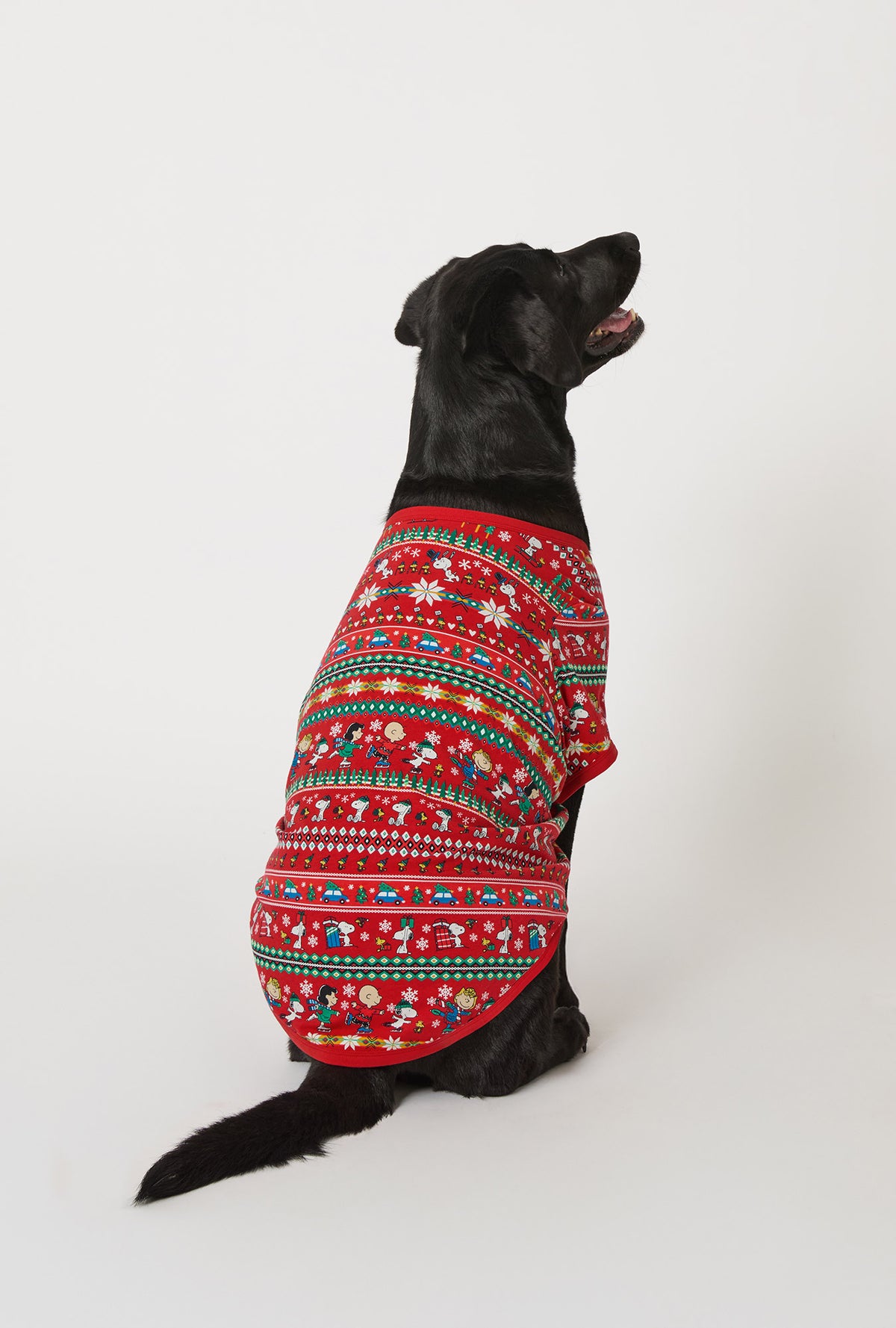A dog wearing Peanuts® Winter Fairisle Stretch Jersey Dog Pajama