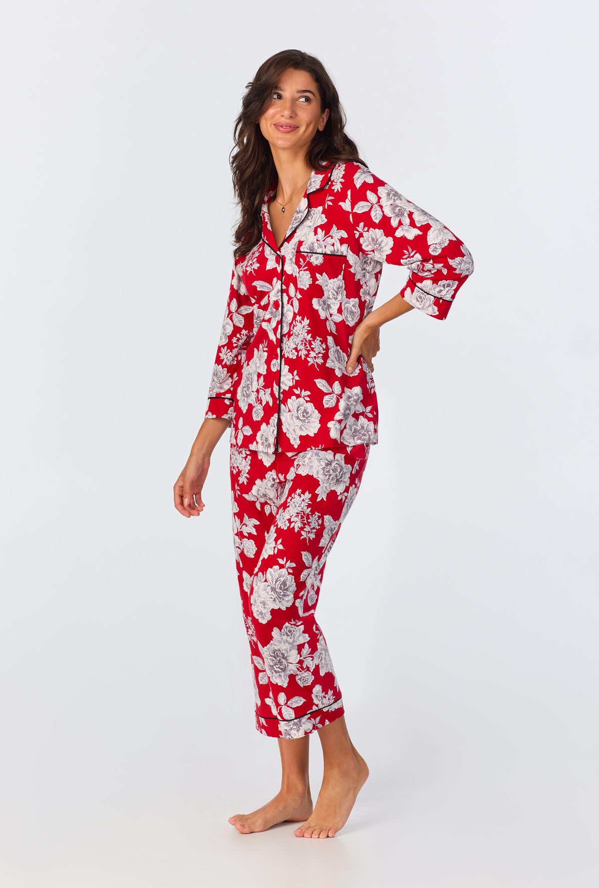 A lady wearing Camellias 3/4 Sleeve Classic Stretch Jersey Cropped PJ Set