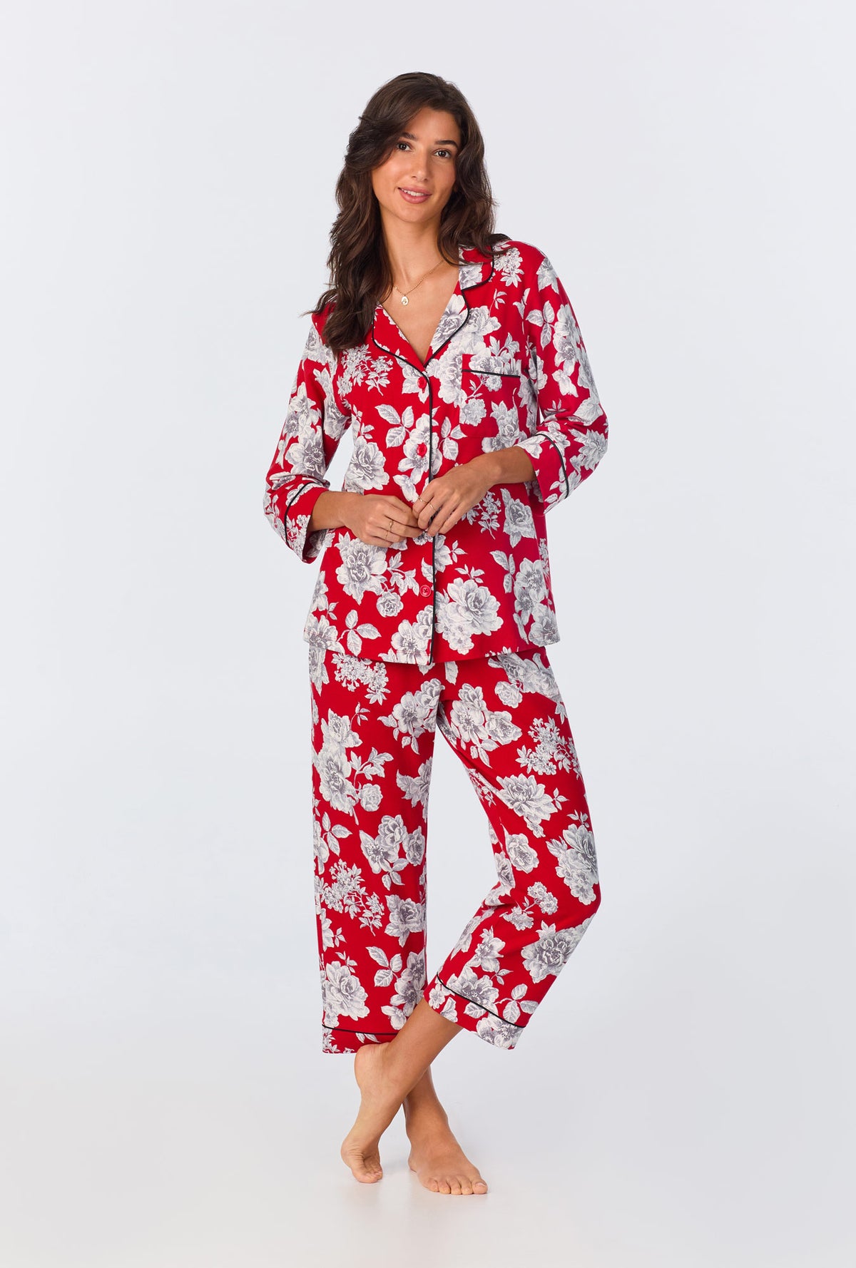 A lady wearing Camellias 3/4 Sleeve Classic Stretch Jersey Cropped PJ Set