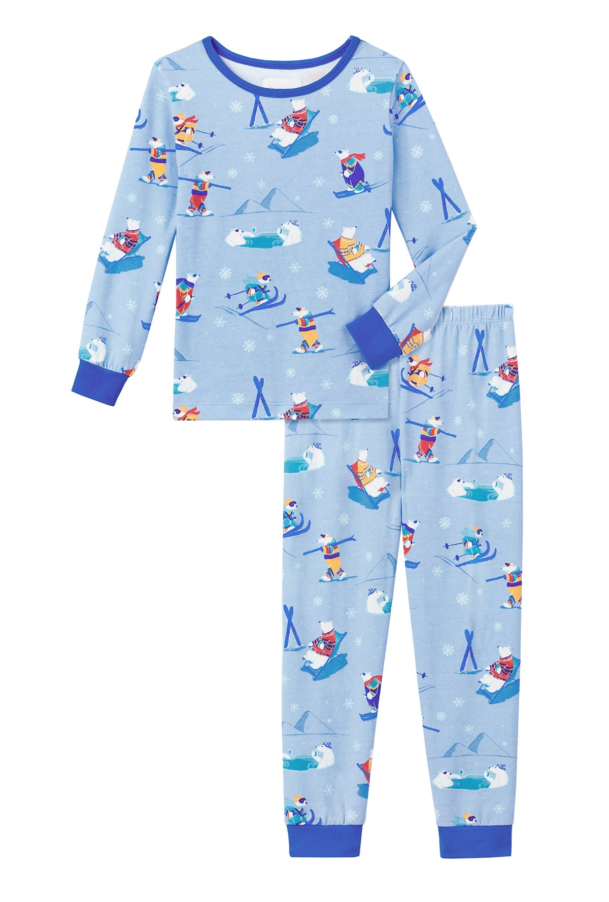A  light blue Long Sleeve Stretch Jersey Kids PJ Set with Backcountry Bears print