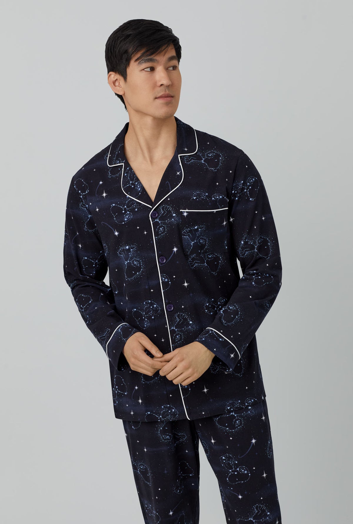A men wearing black  Long Sleeve Classic Stretch Jersey PJ Set with Celestial Snoopy  print