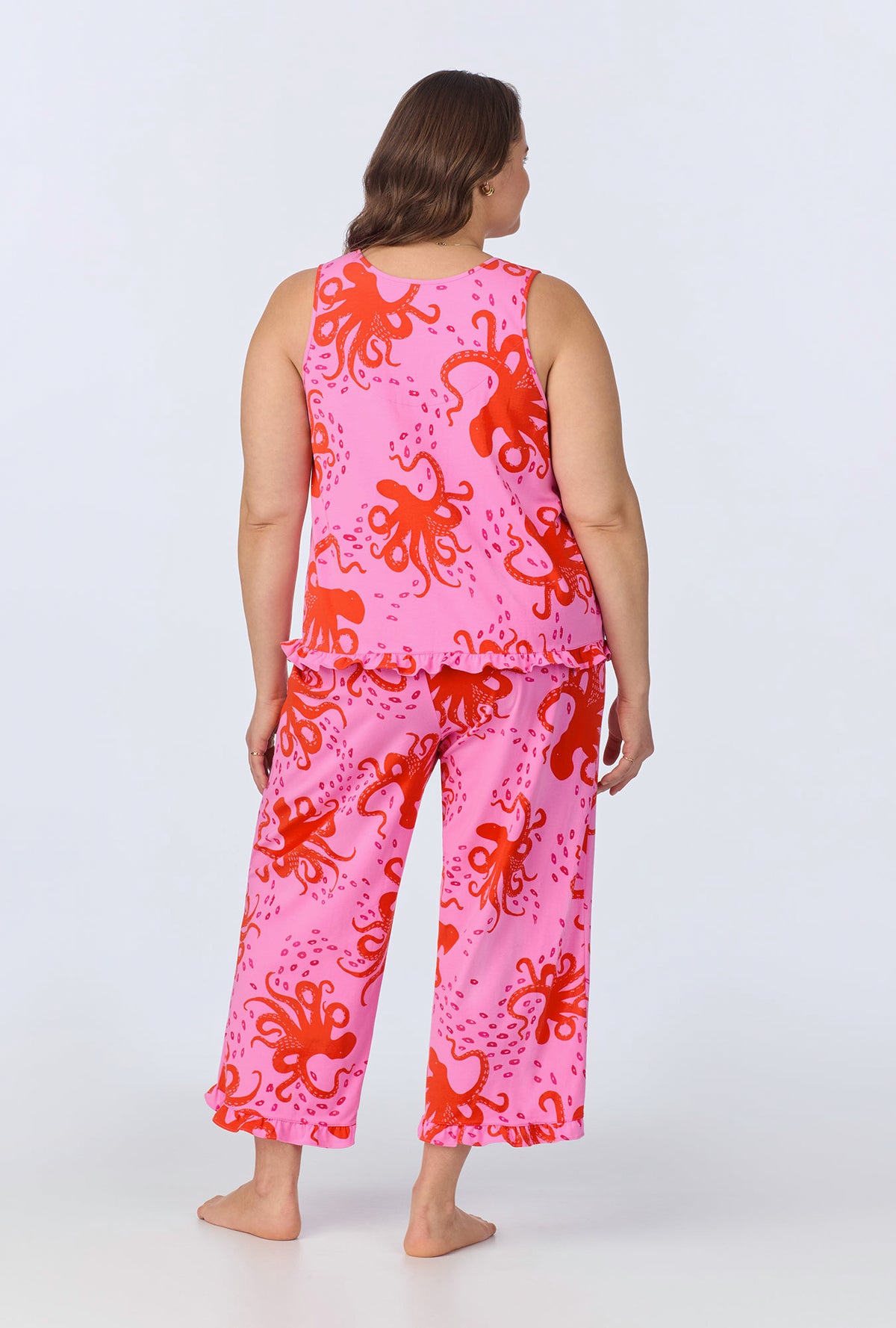 A lady wearing Sea Dreamers Ruffle Tank Stretch Cropped PJ Set