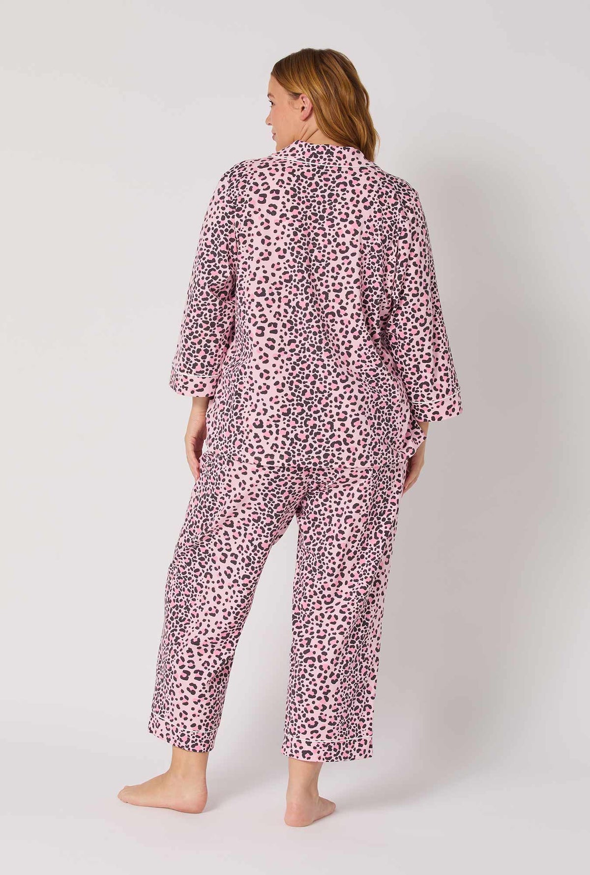 A Lady wearing Purr-fect Spots 3/4 Sleeve Classic Stretch Jersey Cropped Pj Set