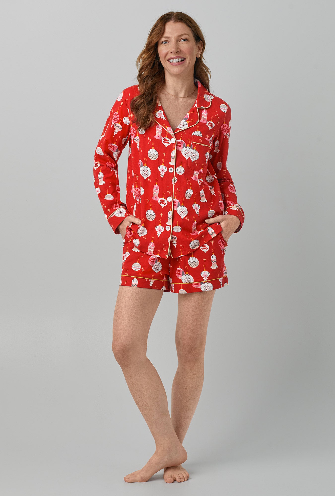 A lady wearing red Long Sleeve Classic Stretch Jeresey Short PJ Set with Adornments  print