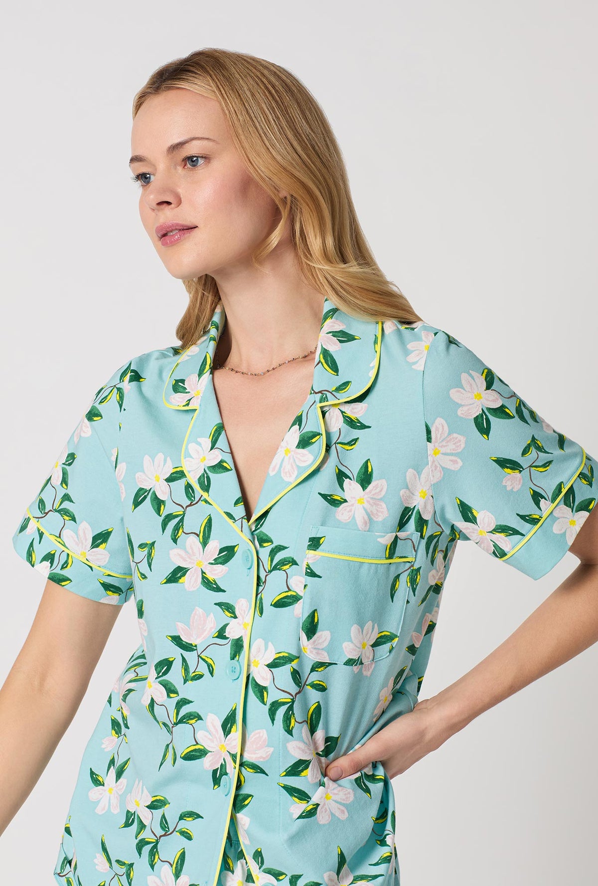 A Lady Wearing Short Sleeve Classic Shorty Stretch Jersey PJ Set with Belle Blossoms Print Closeup View