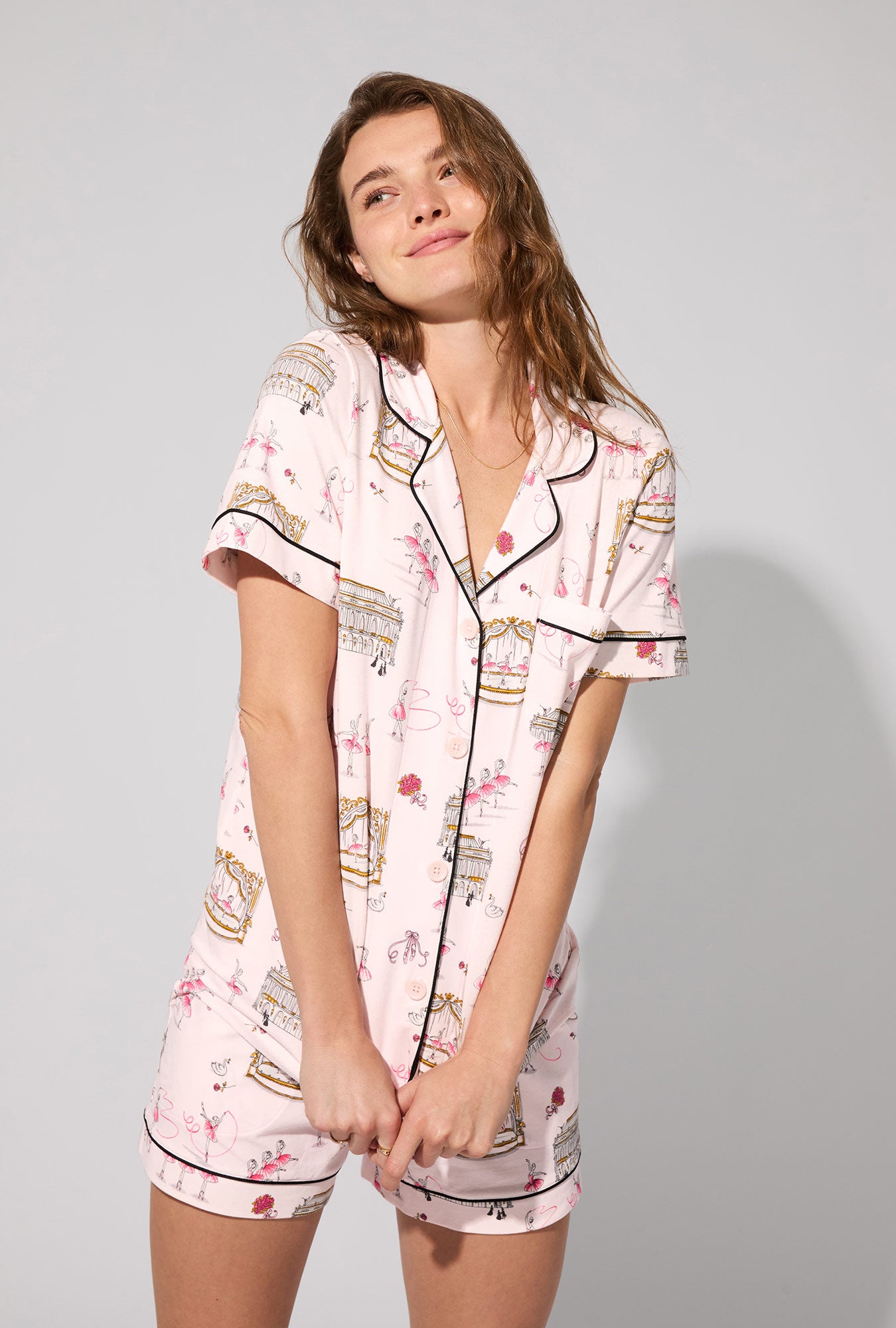 A lady wearing Swan Lake Short Sleeve Classic Shorty Stretch Jersey PJ Set