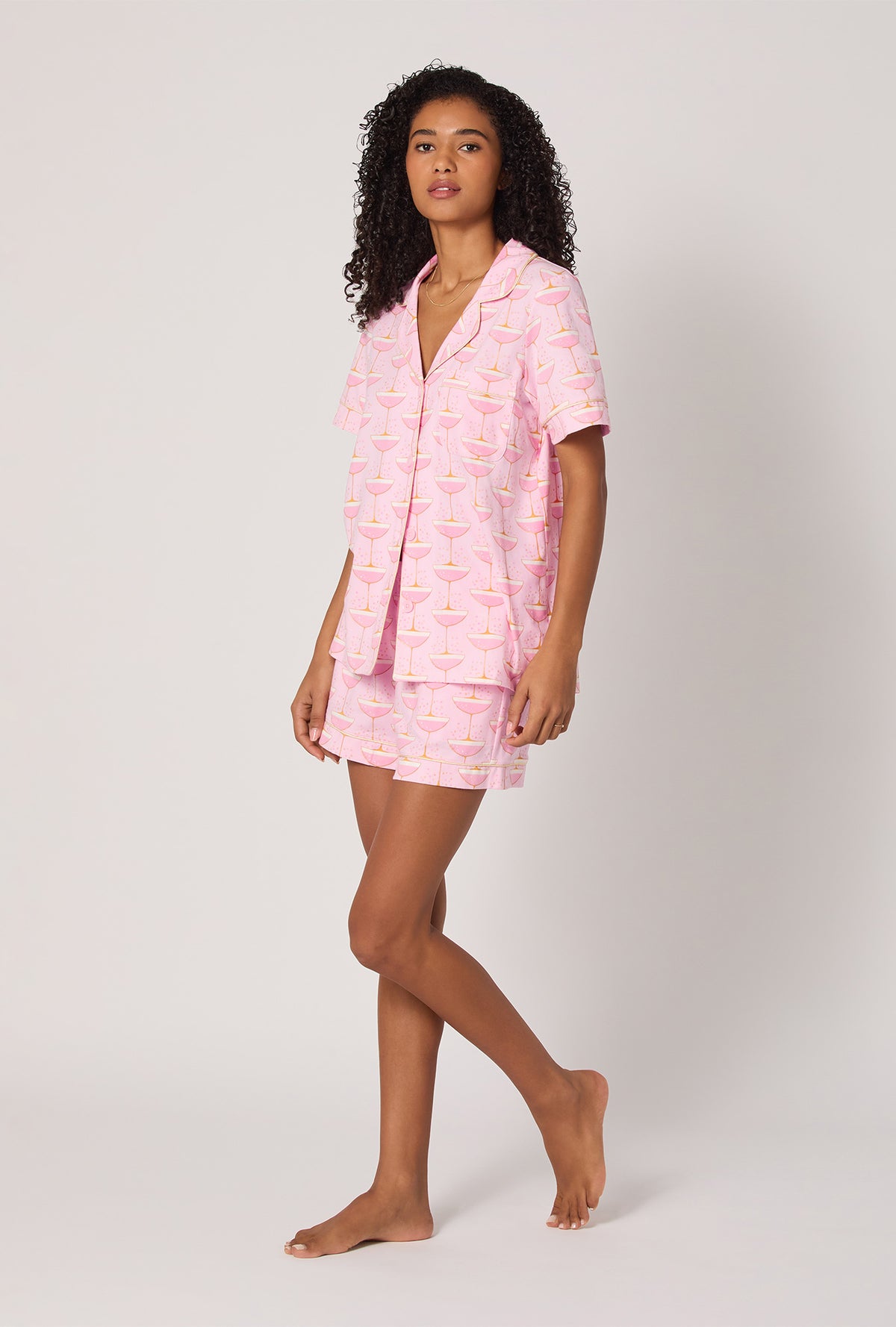 A Lady wearing Champagne Coupe Short Sleeve Classic Shorty Stretch Jersey Pj Set