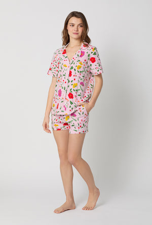 A lady wearing Sunlit Floral Short Sleeve Classic Shorty Stretch Jersey Pj Set