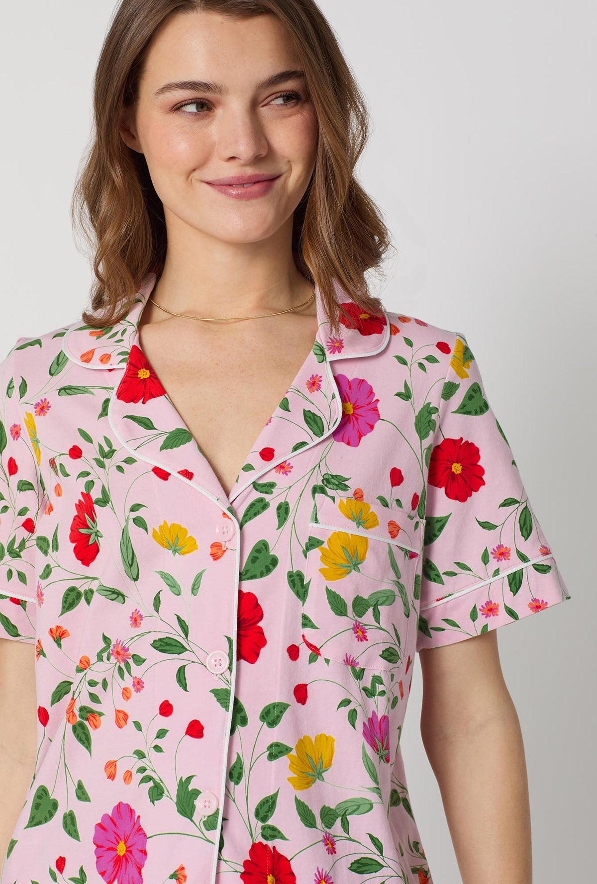 A lady wearing Sunlit Floral Short Sleeve Classic Shorty Stretch Jersey Pj Set