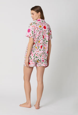 A lady wearing Sunlit Floral Short Sleeve Classic Shorty Stretch Jersey Pj Set
