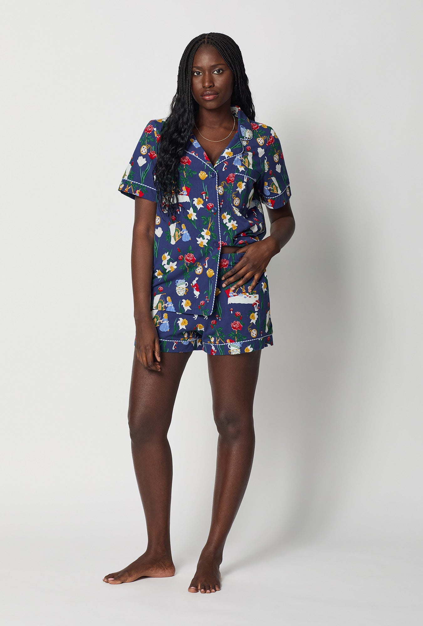 A lady wearing Alice's Adventures Short Sleeve Classic Shorty Stretch Jersey Pj Set