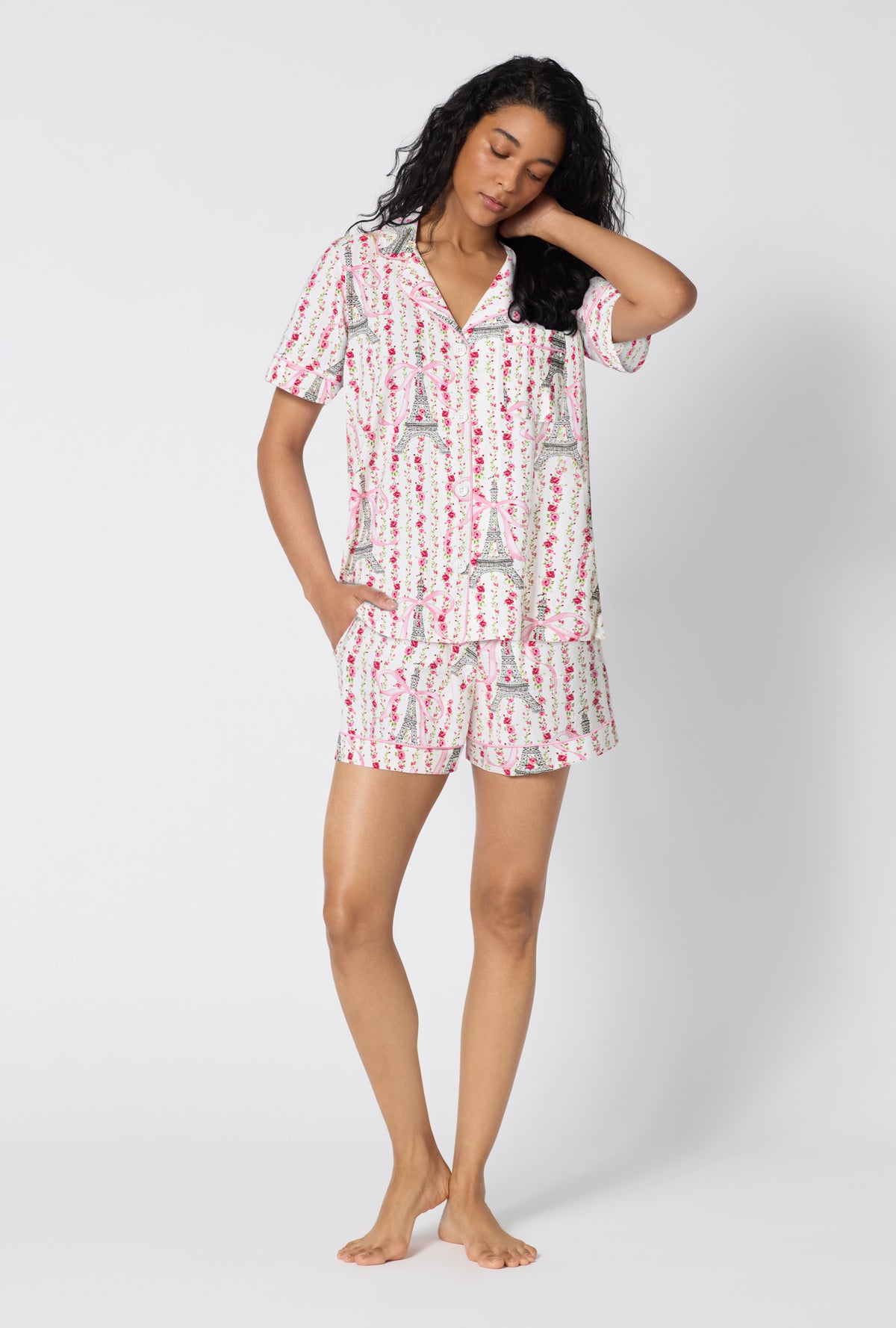 A Lady Wearing Fleur De La Tour Short Sleeve Classic Shorty Stretch Jersey Pj Set