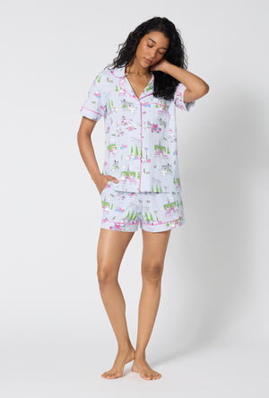 A Lady Wearing Belle Vie Short Sleeve Classic Shorty Stretch Jersey Pj Set