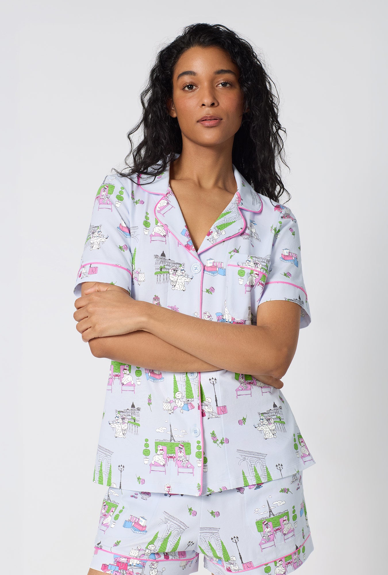 A Lady Wearing Belle Vie Short Sleeve Classic Shorty Stretch Jersey Pj Set facing front in a half close up shot