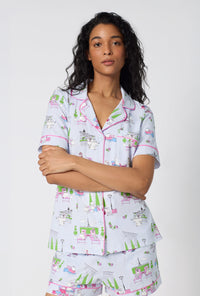 A Lady Wearing Belle Vie Short Sleeve Classic Shorty Stretch Jersey Pj Set facing front in a half close up shot