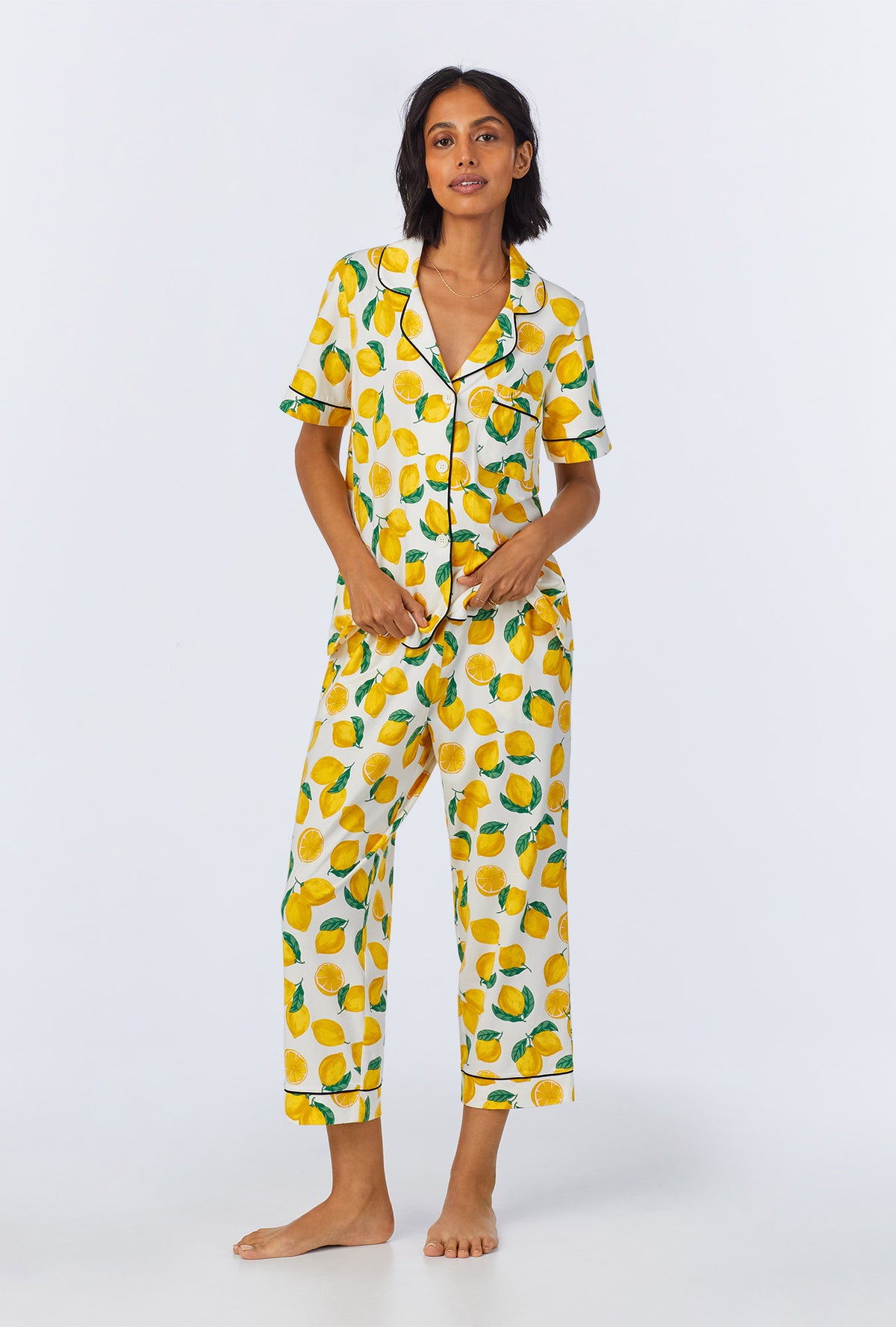 A lady wearing Main Squeeze Short Sleeve Classic Stretch Jersey Cropped PJ Set