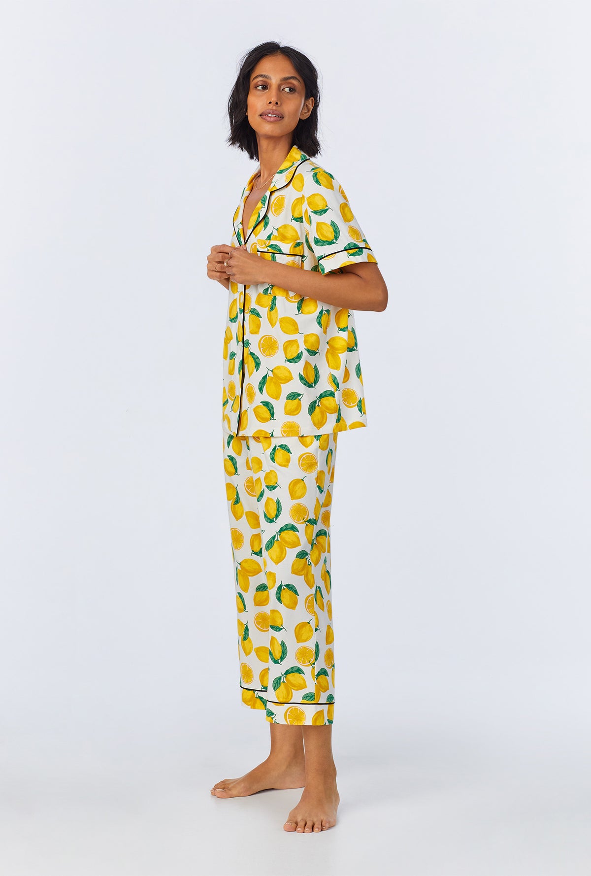 A lady wearing Main Squeeze Short Sleeve Classic Stretch Jersey Cropped PJ Set