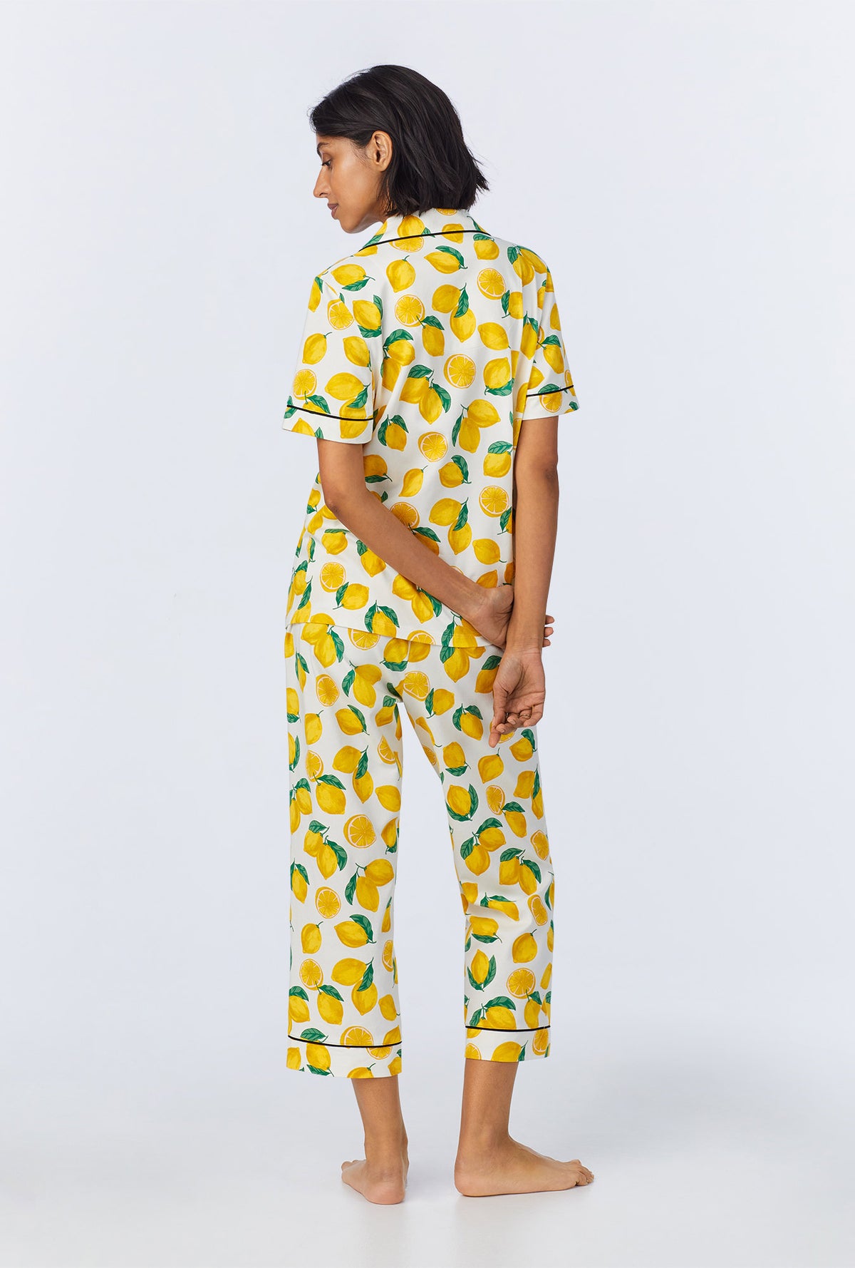 A lady wearing Main Squeeze Short Sleeve Classic Stretch Jersey Cropped PJ Set