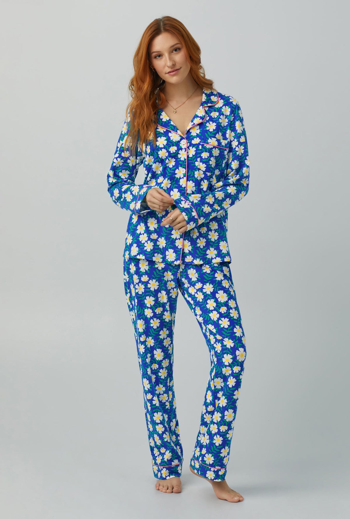 A lady wearing Long Sleeve Classic Stretch Jersey PJ Set with lazy daisy print