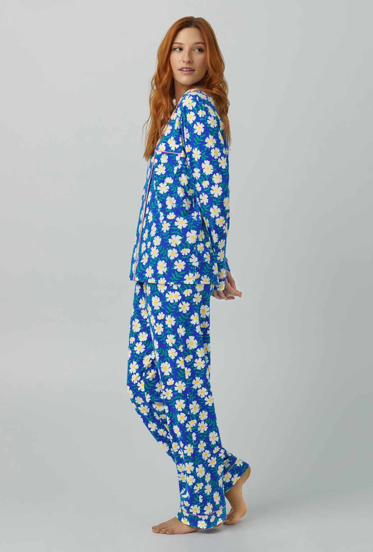 A lady wearing Long Sleeve Classic Stretch Jersey PJ Set with lazy daisy print