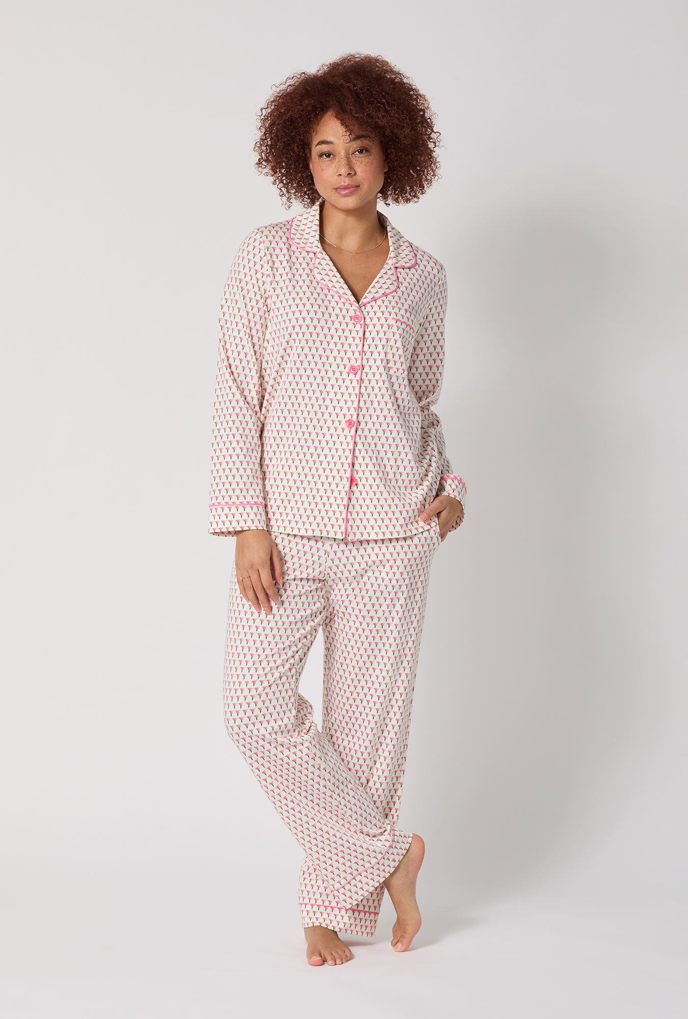 A lady wearing Blossom Geo Long Sleeve Classic Stretch Jersey Pj Set