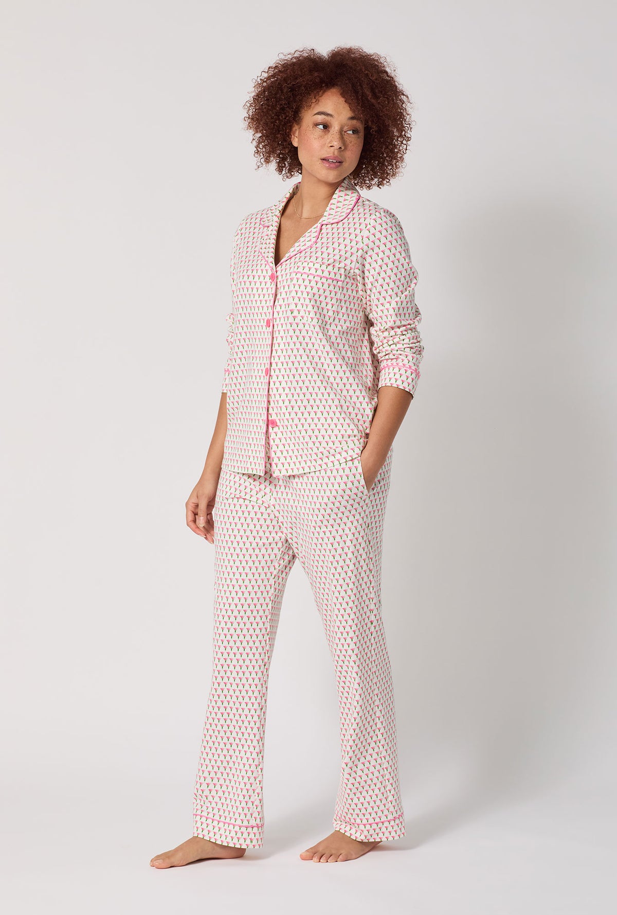 A lady wearing Blossom Geo Long Sleeve Classic Stretch Jersey Pj Set