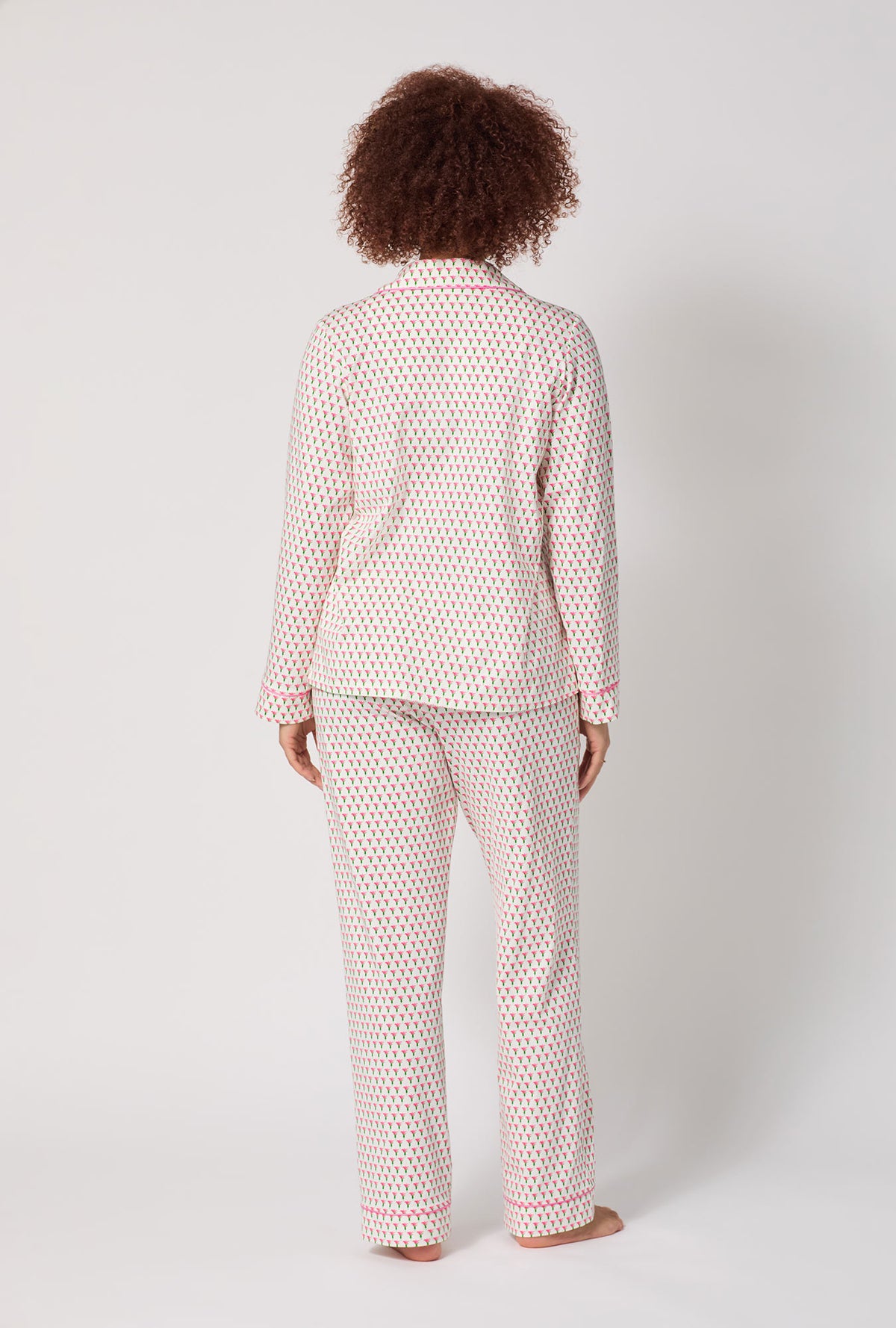 A lady wearing Blossom Geo Long Sleeve Classic Stretch Jersey Pj Set