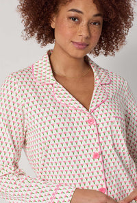 A lady wearing Blossom Geo Long Sleeve Classic Stretch Jersey Pj Set