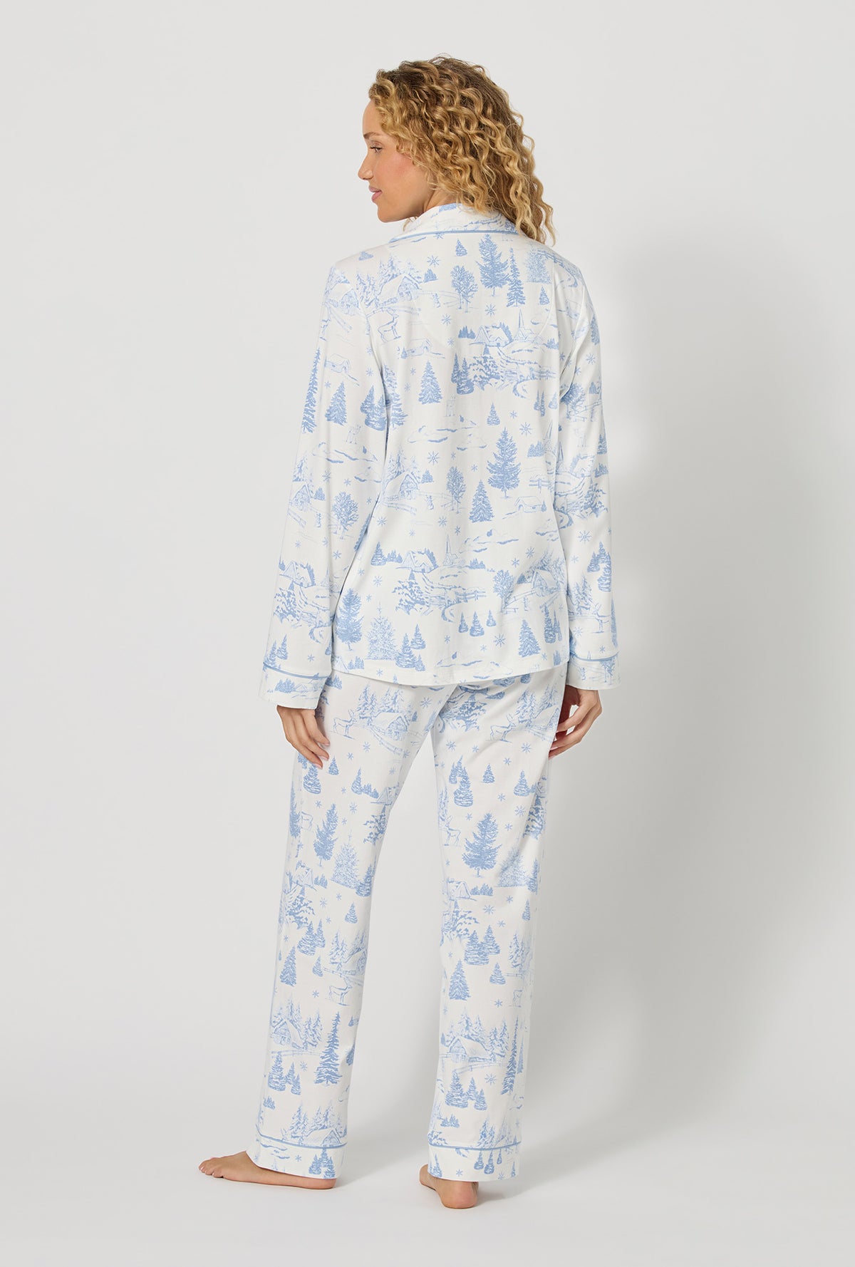 A lady wearing Winter Wonderland Long Sleeve Classic Stretch Jersey Pj Set back view