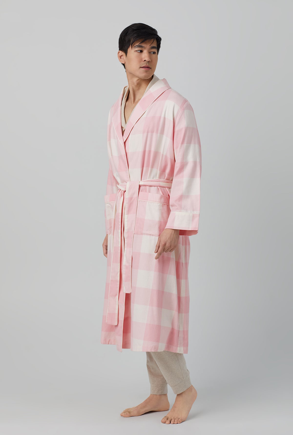 A man wearing classic woven cotton flannel robe with checking in print