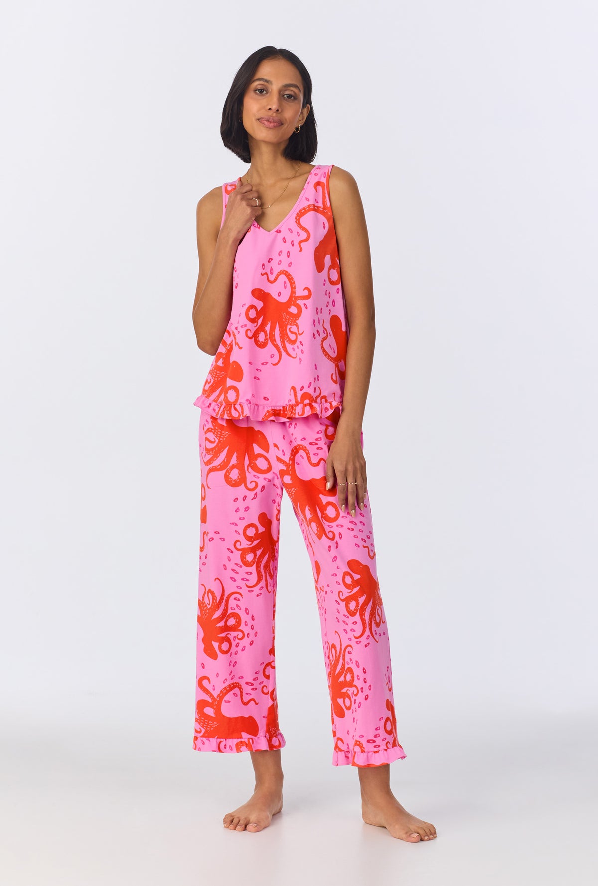 A lady wearing Sea Dreamers Ruffle Tank Stretch Cropped PJ Set