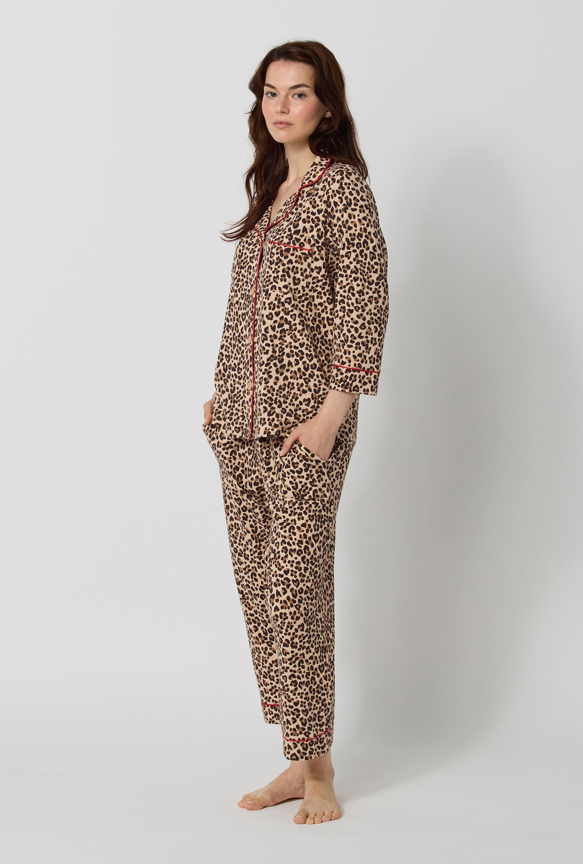 A lady wearing Wild At Heart 3/4 Sleeve Classic Stretch Jersey Cropped Pj Set