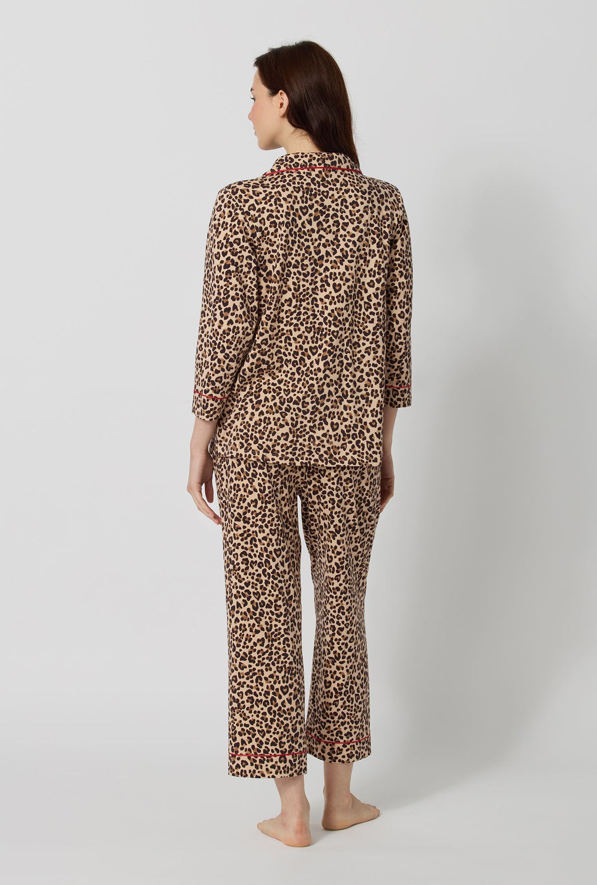A lady wearing Wild At Heart 3/4 Sleeve Classic Stretch Jersey Cropped Pj Set back view