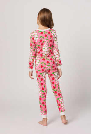 A girl wearing Spring Berry Long Sleeve Stretch Jersey Kids Pj Set