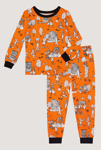 An Orange Spooky In The City Long Sleeve Stretch Jersey Kids Pj Set