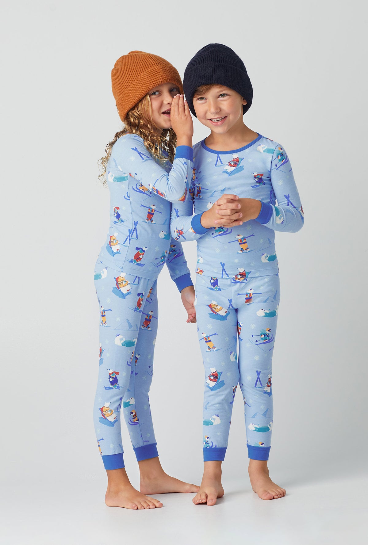 Kids wearing  light blue Long Sleeve Stretch Jersey Kids PJ Set with Backcountry Bears print