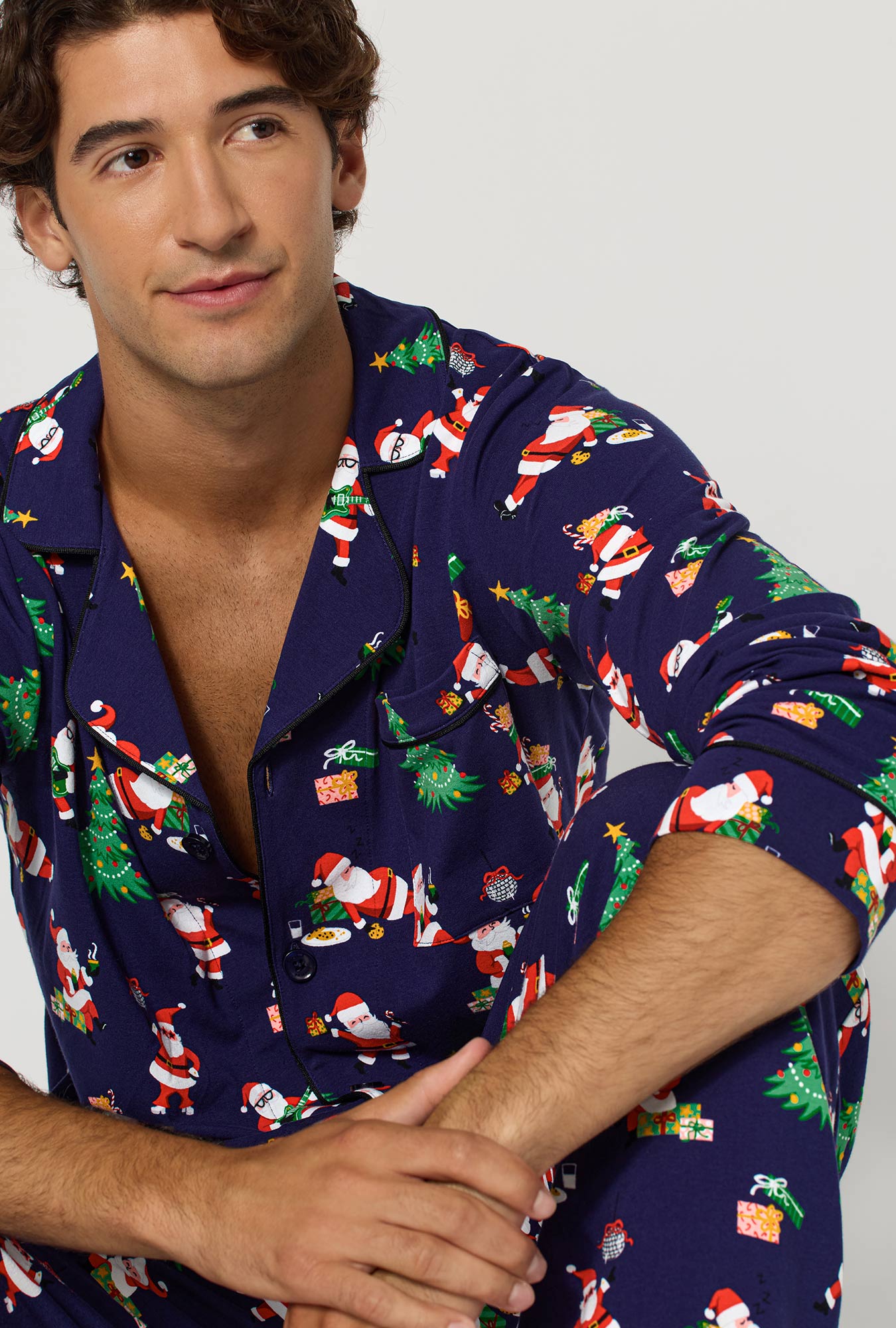 A Man wearing Santa's Night Out Men's Long Sleeve Classic Stretch Jersey Pj Set closer look