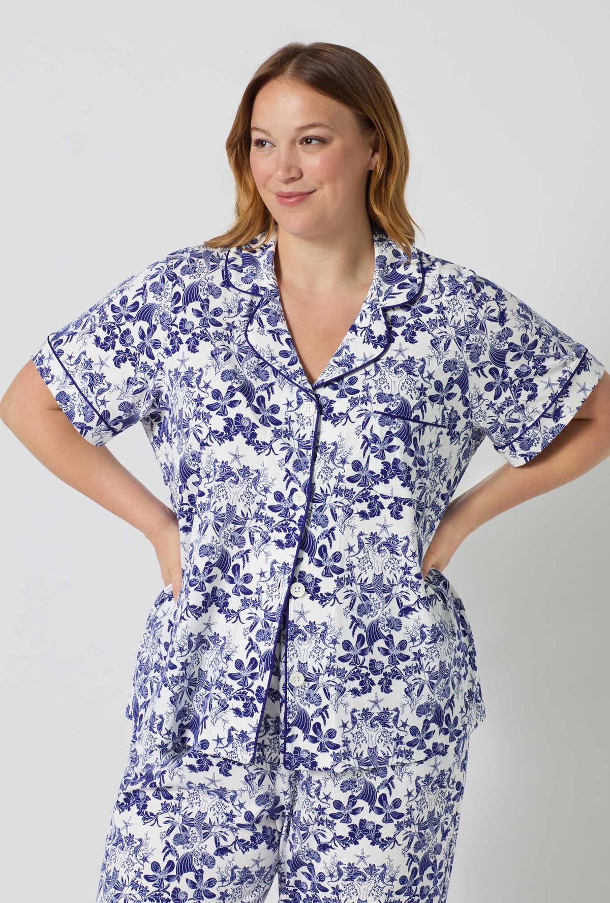 A lady wearing plus size Under The Sea Short Sleeve Classic Stretch Jersey Cropped Pj Set closer look