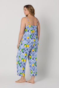A lady wearing plus size Blue and  White Cami Stretch Jersey Cropped Pj Set back view
