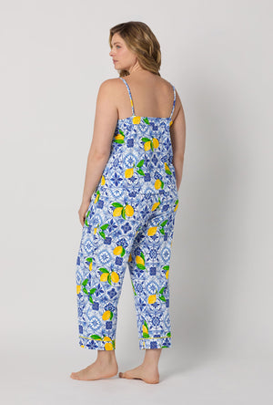 A lady wearing plus size Blue and  White Cami Stretch Jersey Cropped Pj Set back view