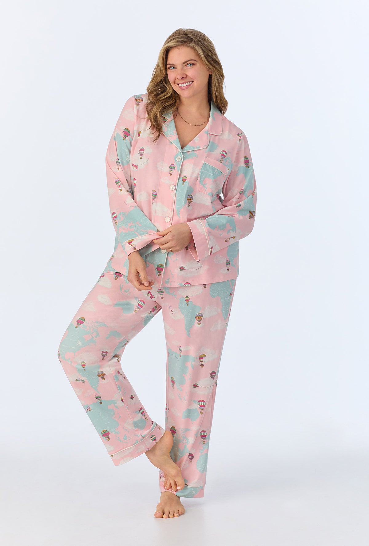 A lady wearing Around The World Long Sleeve Classic Stretch Jersey PJ Set