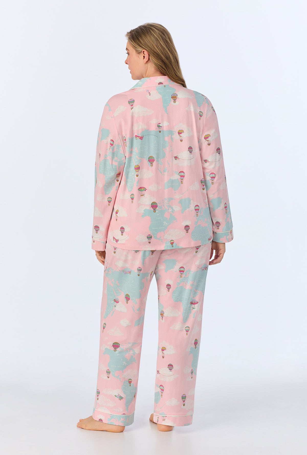 A lady wearing Around The World Long Sleeve Classic Stretch Jersey PJ Set