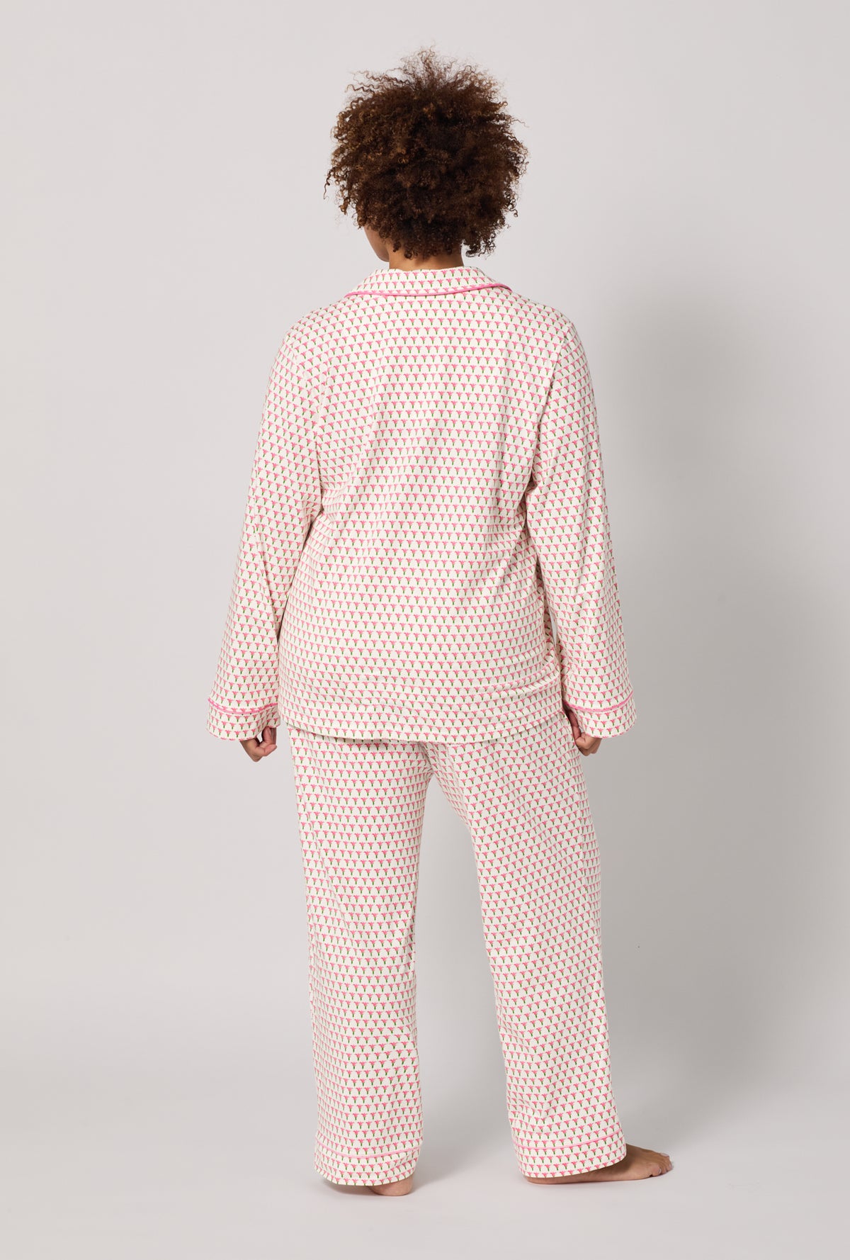 A lady wearing plus Blossom Geo Long Sleeve Classic Stretch Jersey Pj Set