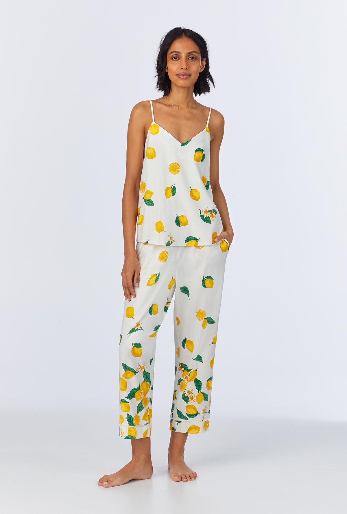 A lady wearing Main Squeeze Border Cami Stretch Jersey Cropped PJ Set